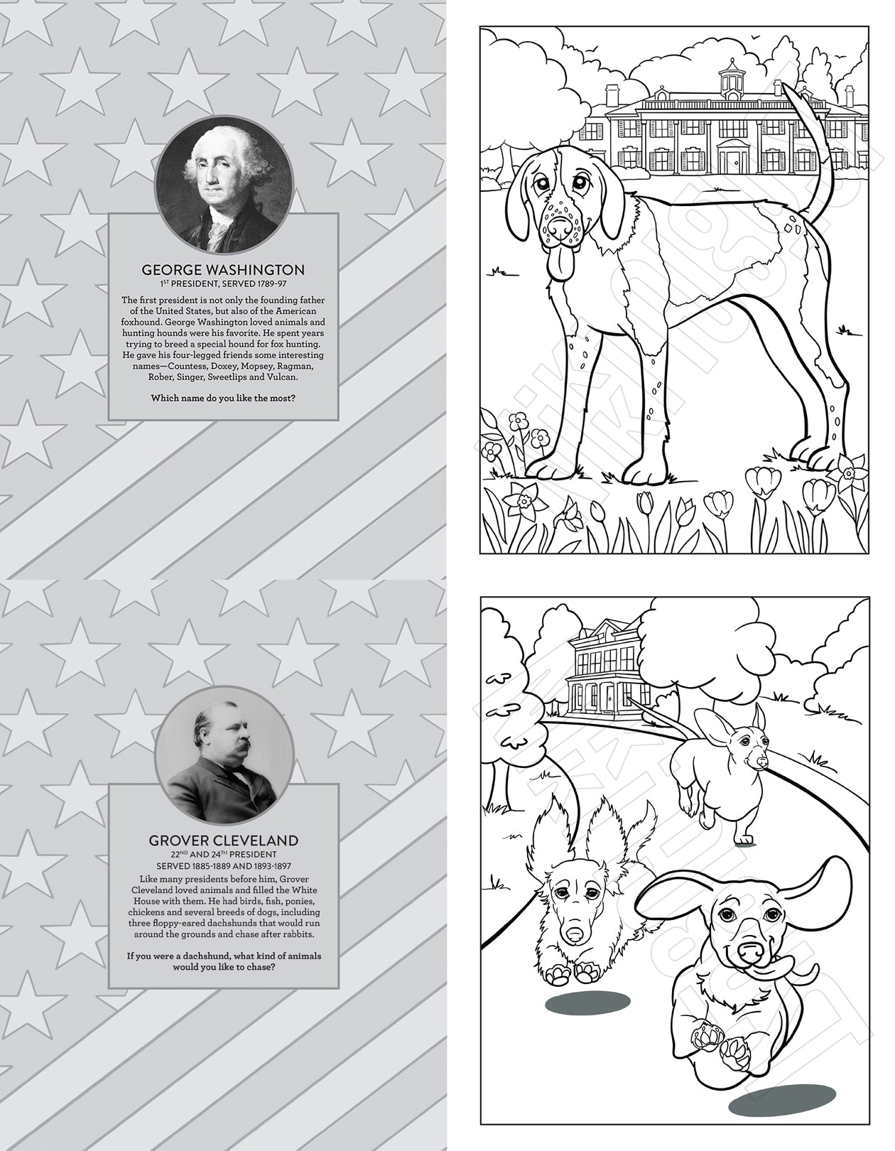 Educational Presidential Dogs of the White House coloring book for kids and adults.